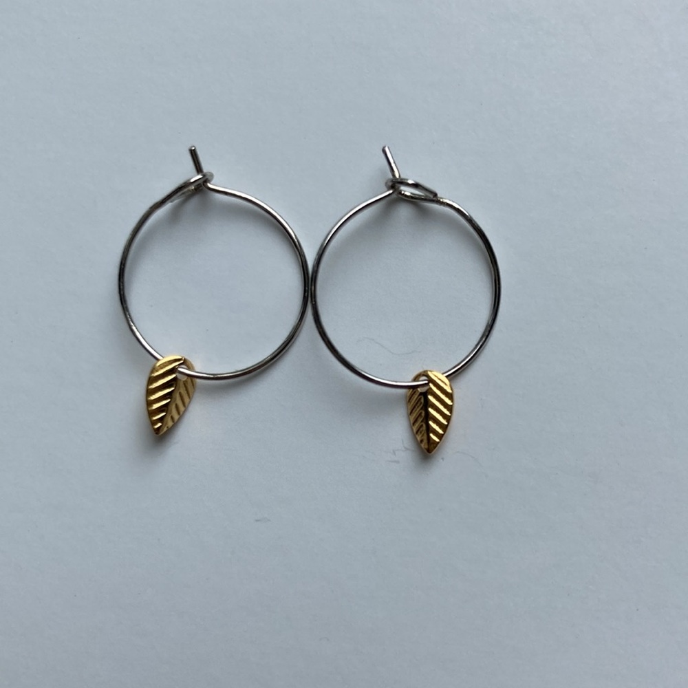 Minimalist Small Silver Hoops With Tiny Gold Leaf Dangle